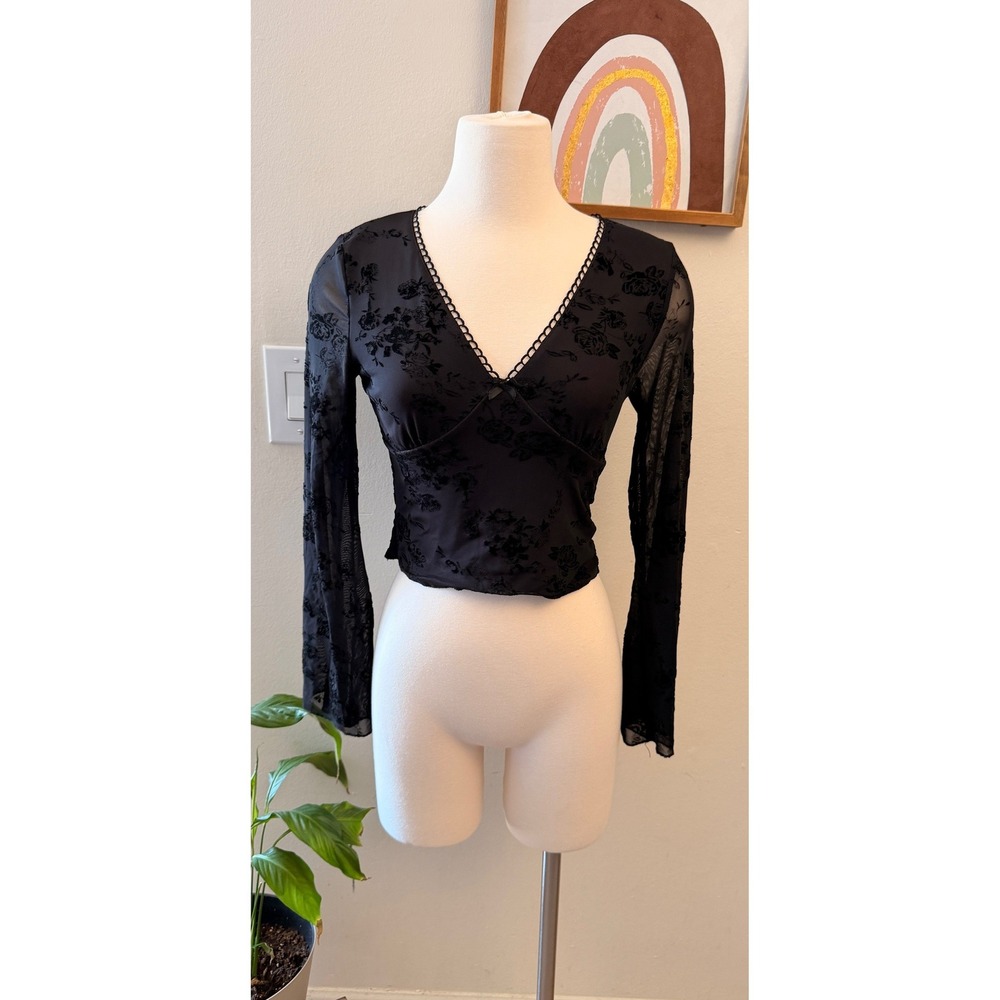 Floral Velvet Burnout Mesh Top Womens‎ XS Black V-Neck Sheer Crop Gothic